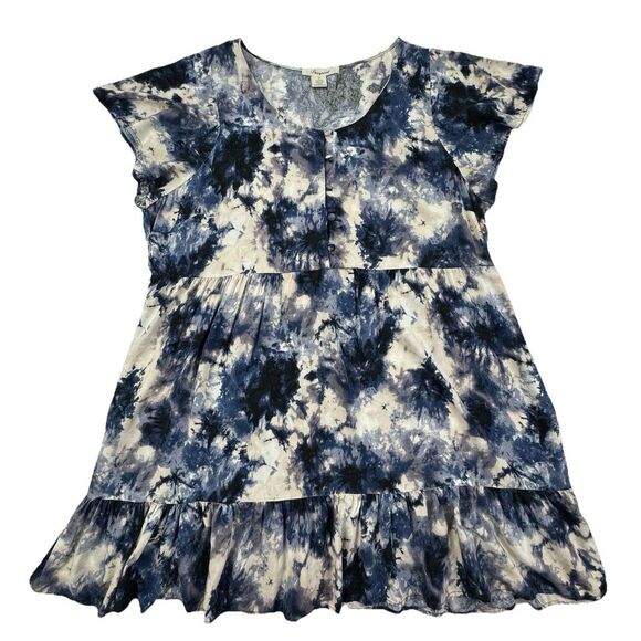 Passport Blue Tie Dye Ruffle Hem Dress 3X Rayon Short Sleeve Button Front Boho - Picture 1 of 8